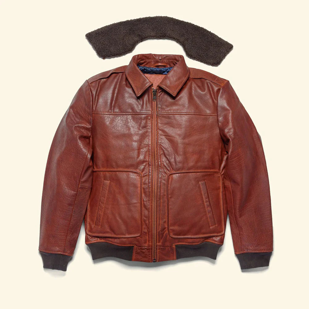 Side profile of men's brown genuine leather bomber jacket