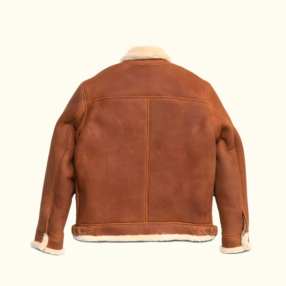 Back view of men's brown suede shearling bomber jacket