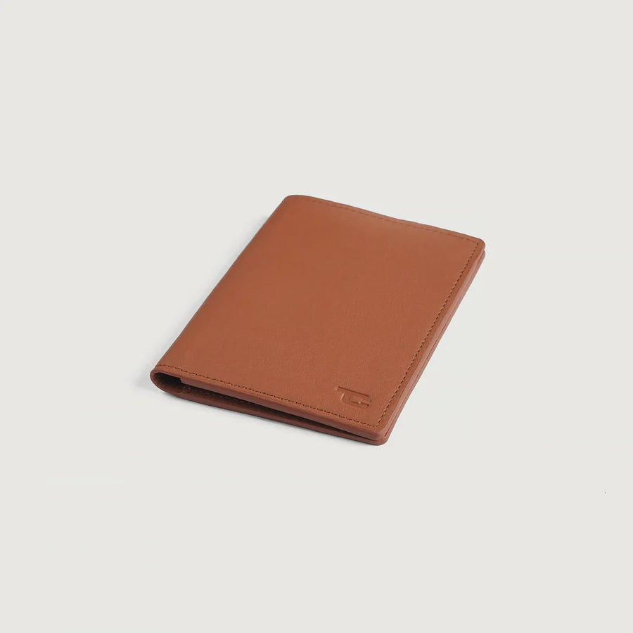 Back view of men's brown textured slim leather wallet