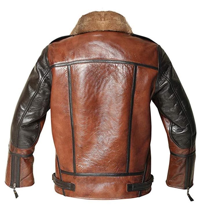 Back view of men's distressed brown B-3 leather bomber jacket