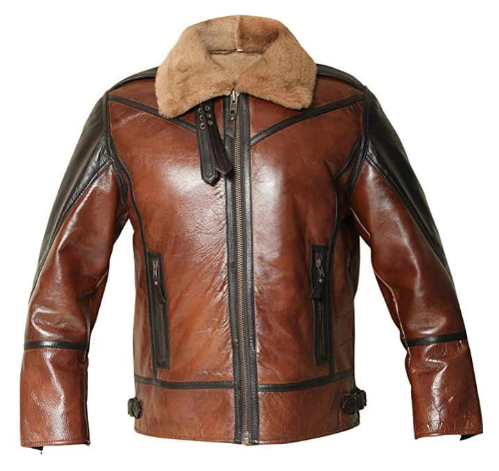 Men's distressed brown genuine leather B-3 shearling aviator jacket front view by SOVR Leather
