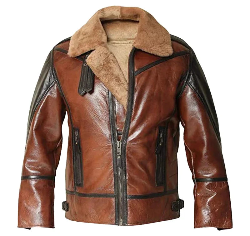 Men's distressed brown genuine leather B-3 shearling aviator jacket front view by SOVR Leather