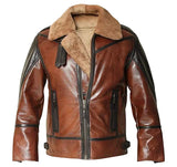 Men's distressed brown genuine leather B-3 shearling aviator jacket front view by SOVR Leather