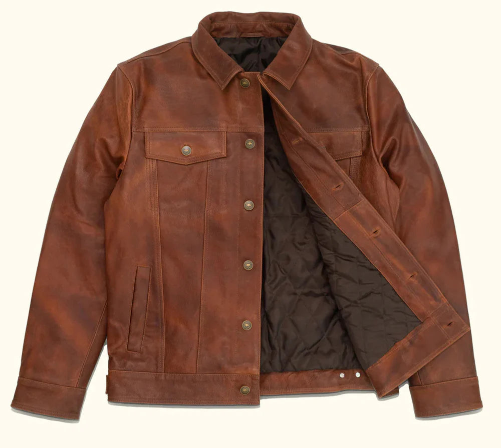 Men's distressed brown genuine leather trucker jacket front view with antique brass buttons by SOVR Leather