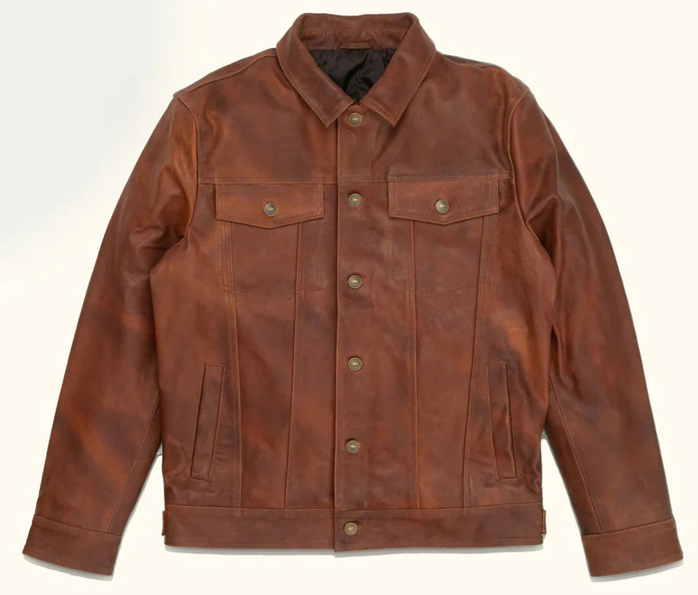 Men's distressed brown genuine leather trucker jacket front view with antique brass buttons by SOVR Leather