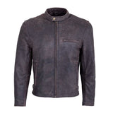 Men's distressed leather cafe racer jacket front view with snap-tab collar by SOVR Leather