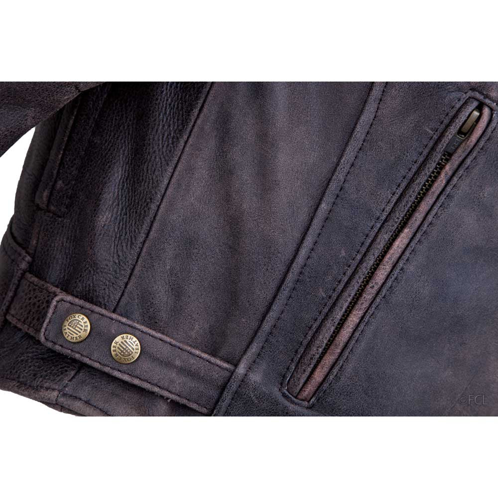 Side profile of men's distressed leather cafe racer jacket with vintage finish