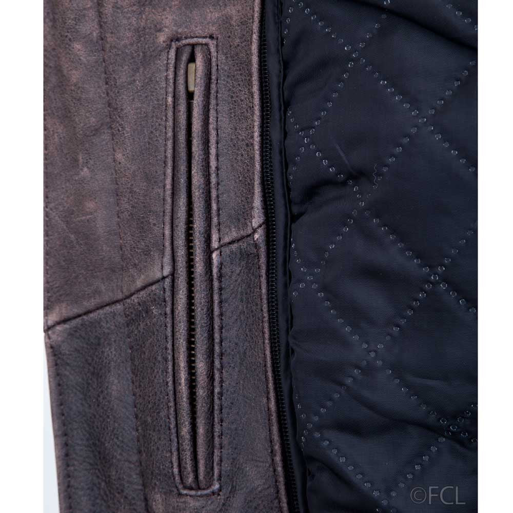 Side profile of men's distressed leather cafe racer jacket with vintage finish