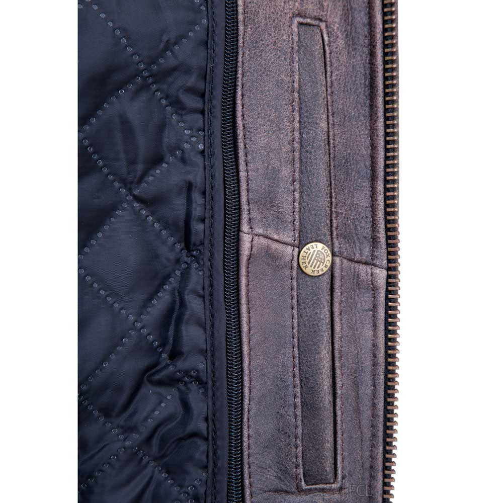 Side profile of men's distressed leather cafe racer jacket with vintage finish