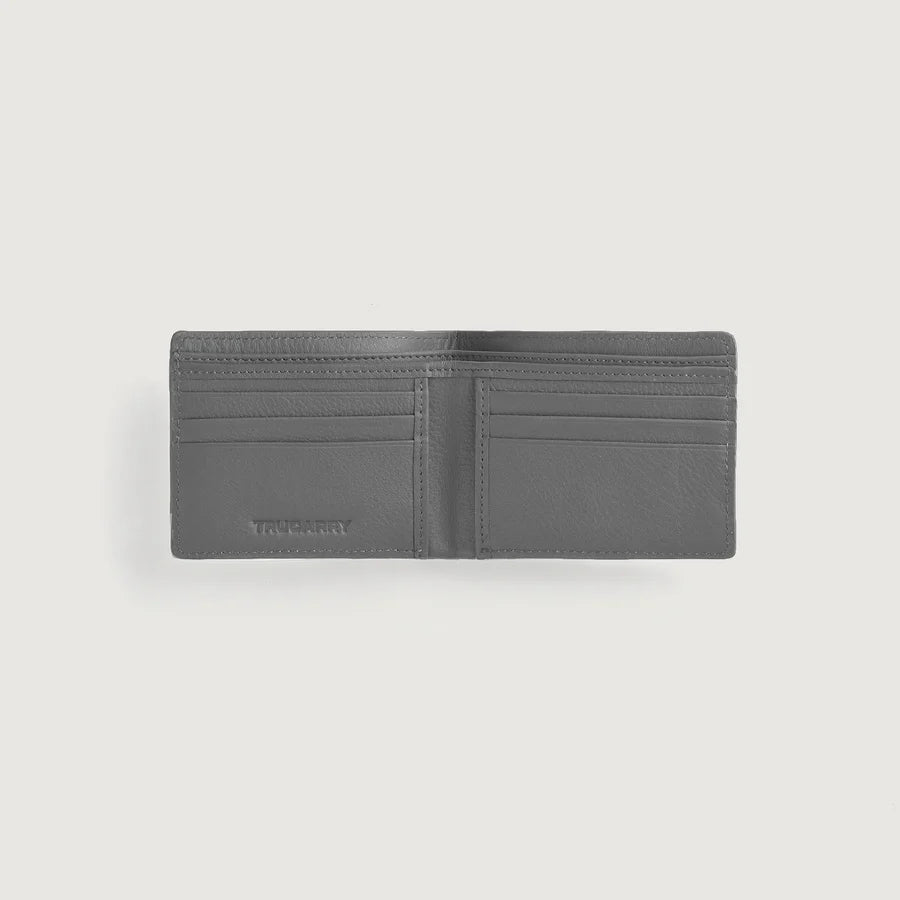 Back view of men's grey full-grain leather bifold wallet