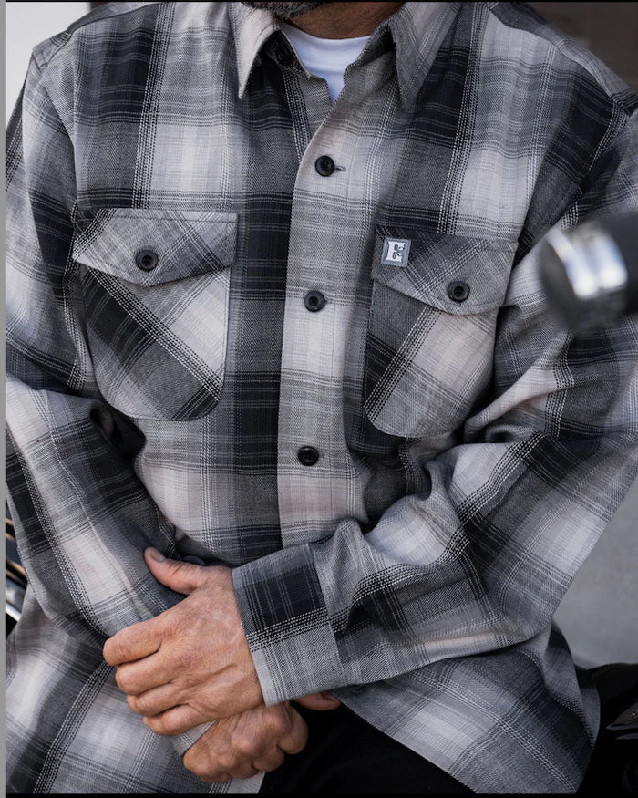 Men's grey ombre 100% wool flannel shirt front view by SOVR Leather