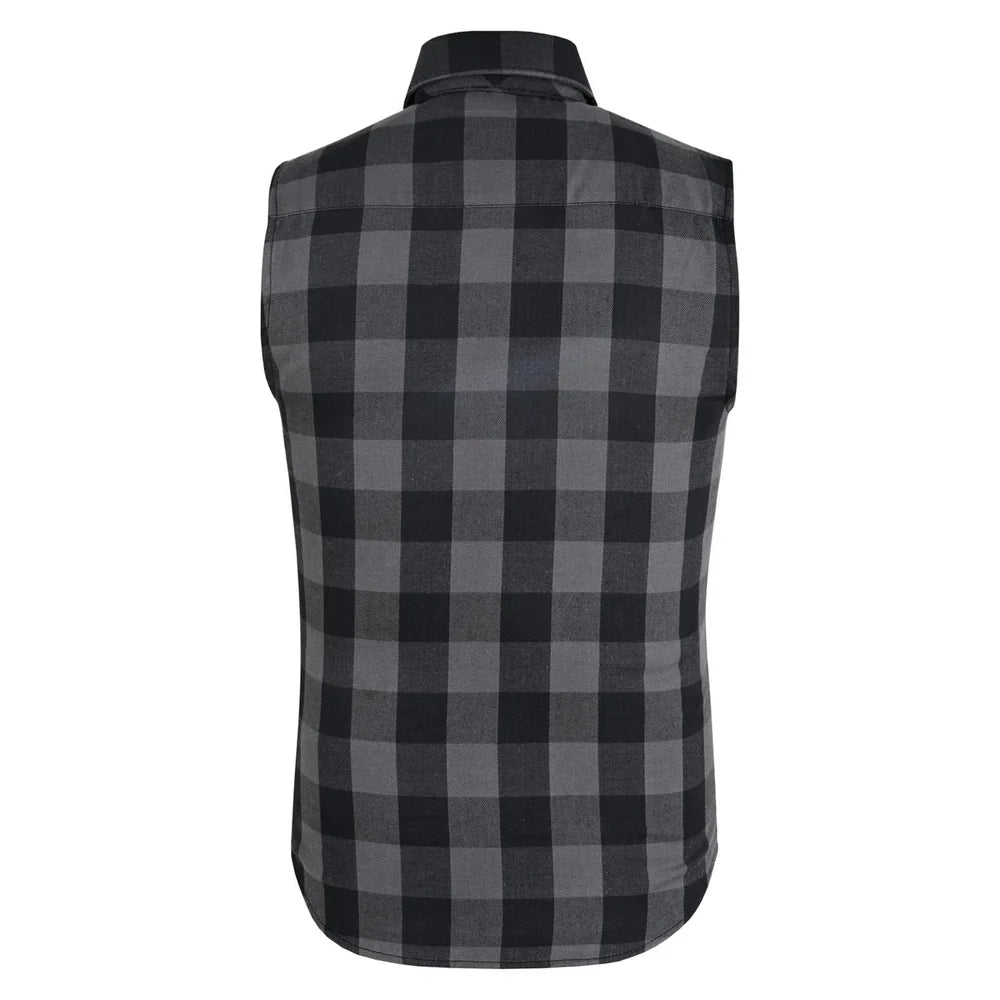 Back view of men's grey riding flannel shirt
