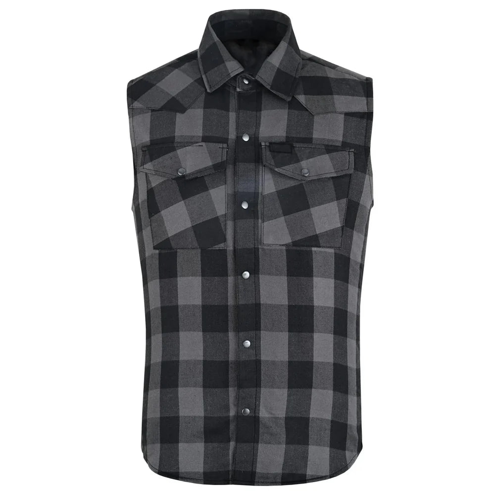 Men's grey riding flannel shirt front view with reinforced black panels by SOVR Leather