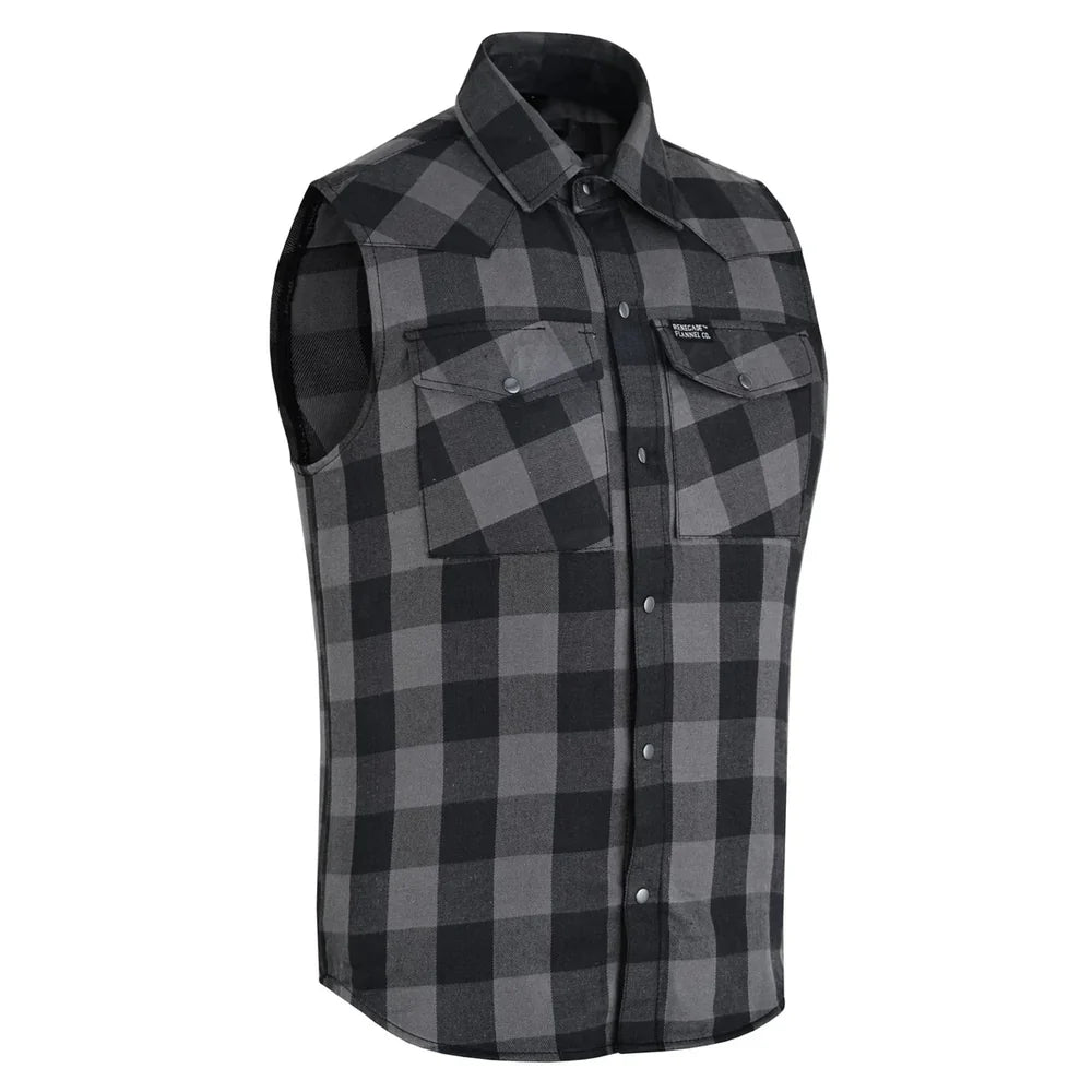 Side profile of men's grey cotton riding flannel shirt