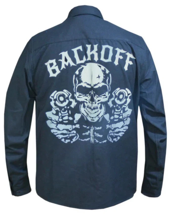 Back view of men's navy blue cotton flannel shirt