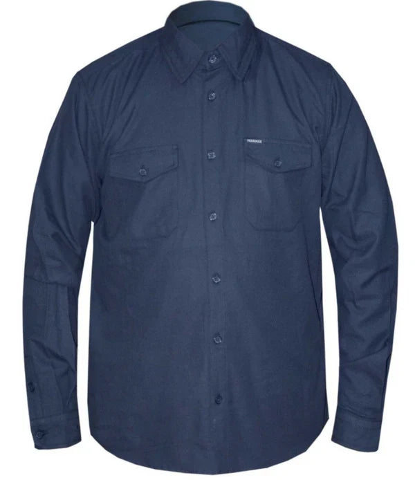 Men's navy blue cotton flannel shirt front view by SOVR Leather