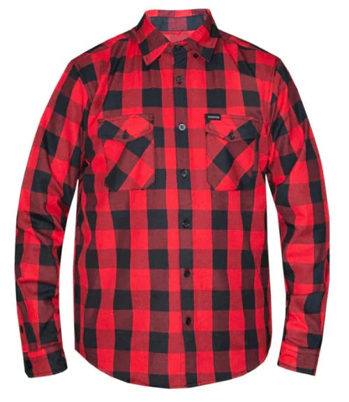 Men's red buffalo plaid cotton flannel shirt front view by SOVR Leather