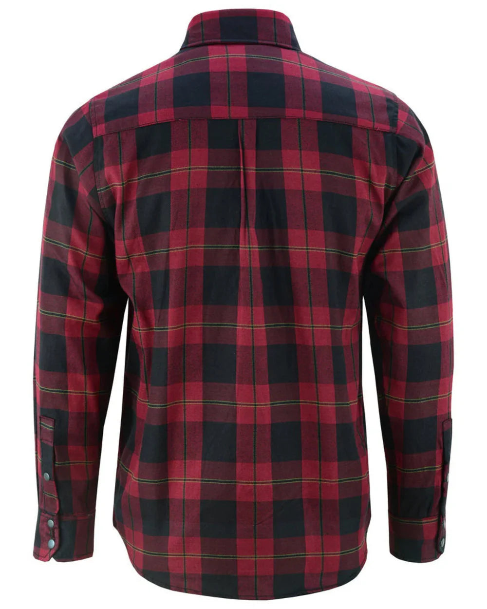 Back view of men's red plaid flannel shirt
