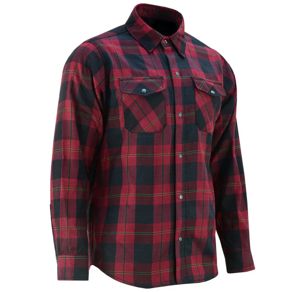 Side profile of men's red plaid cotton flannel shirt