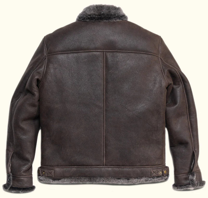 Back view of men's leather bomber jacket with shearling collar