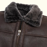 Close-up of soft shearling-style collar on men's leather bomber jacket