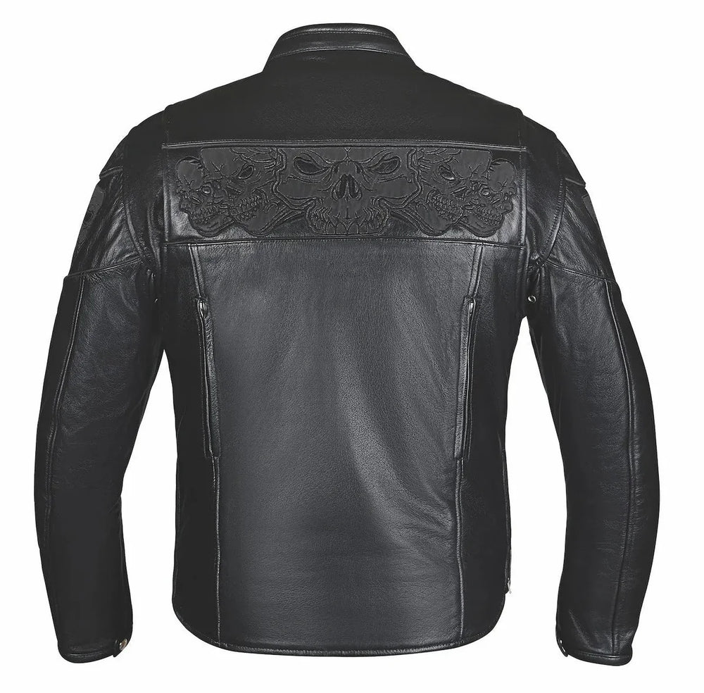 Back view of Phantom men's black skull leather motorcycle jacket