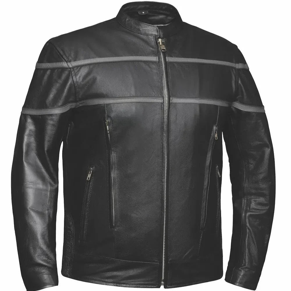 Viper men's black full-grain cowhide leather motorcycle jacket front view by SOVR Leather