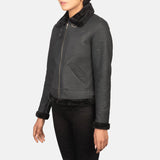 Side profile of women's genuine sheepskin shearling bomber jacket