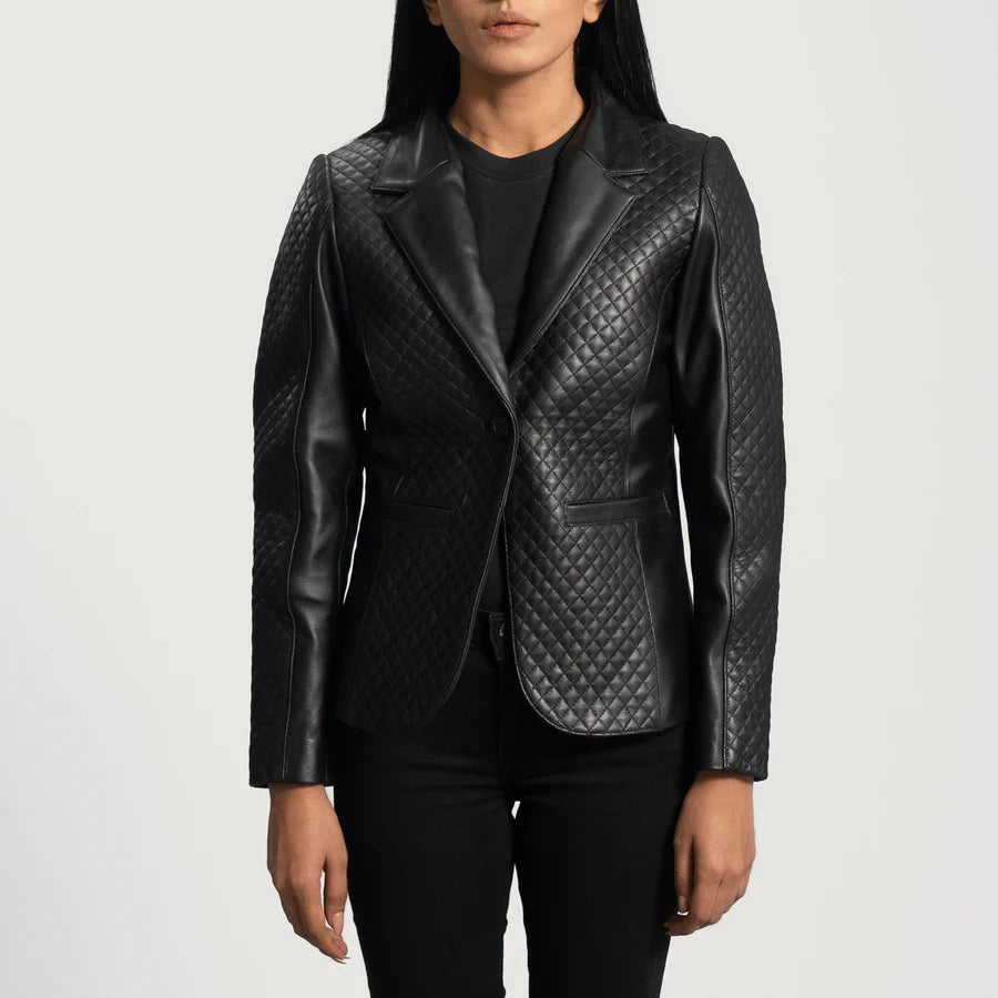 Women's black diamond quilted genuine leather blazer front view by SOVR Leather

Image 2