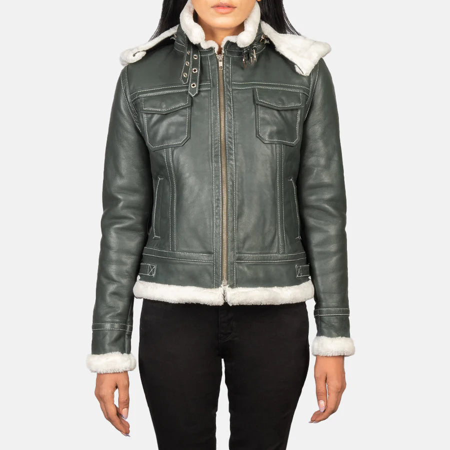 Women's black genuine sheepskin hooded shearling leather jacket front view by SOVR Leather