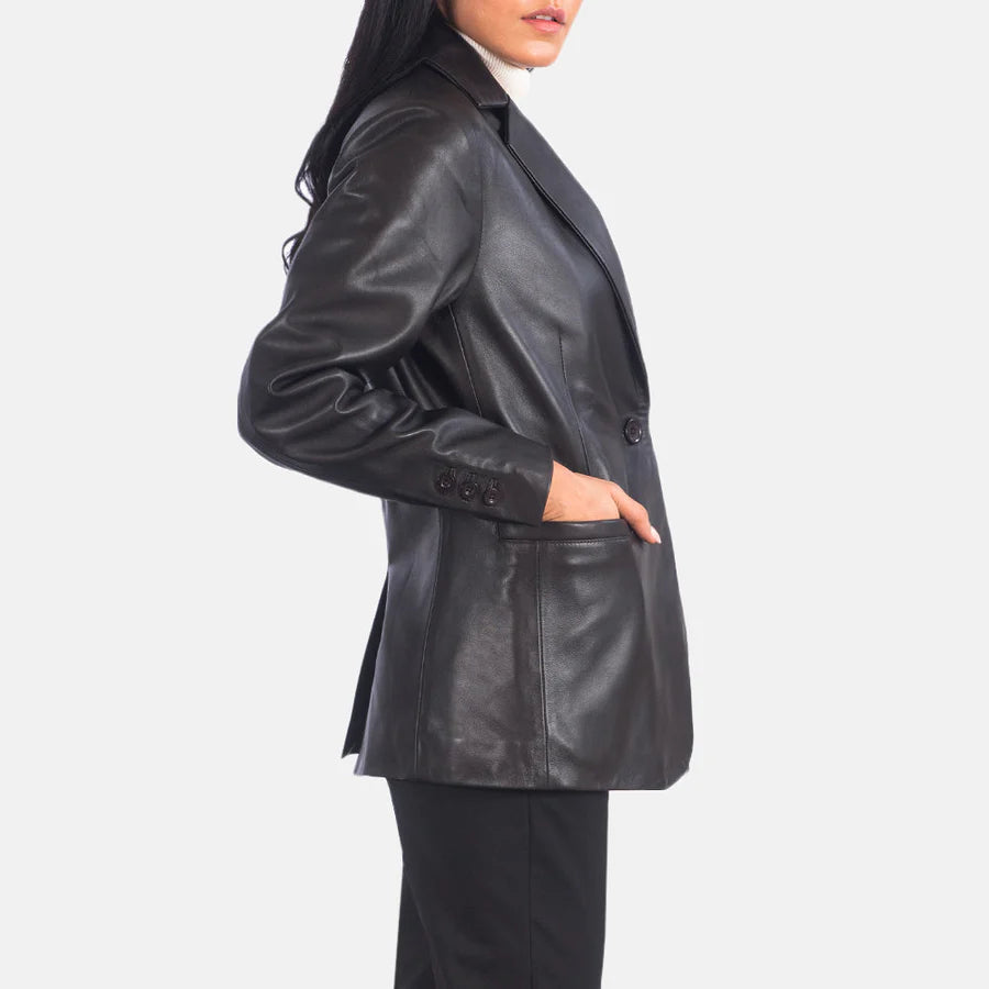 Back view of women's black genuine leather blazer