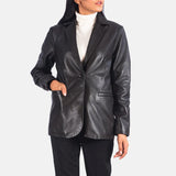 Women's black genuine leather blazer front view by SOVR Leather