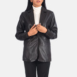 Side profile of women's tailored black leather blazer