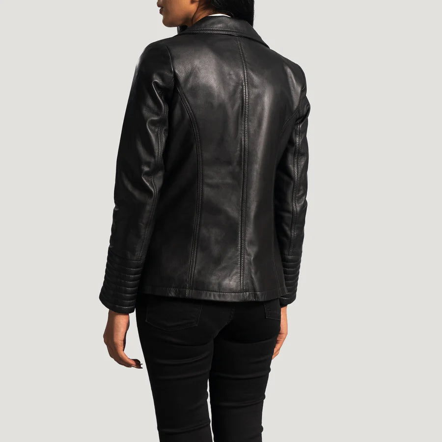Back view of women's black quilted leather blazer