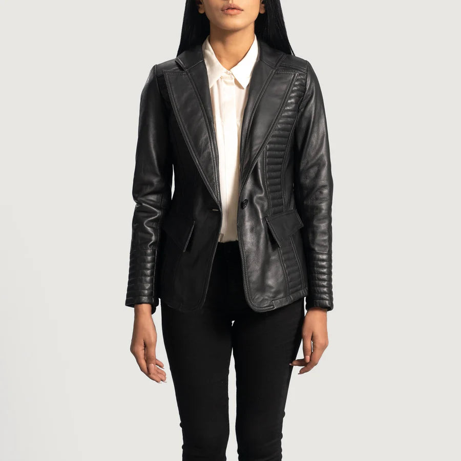 Women's black genuine leather quilted blazer front view by SOVR Leather