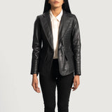 Women's black genuine leather quilted blazer front view by SOVR Leather