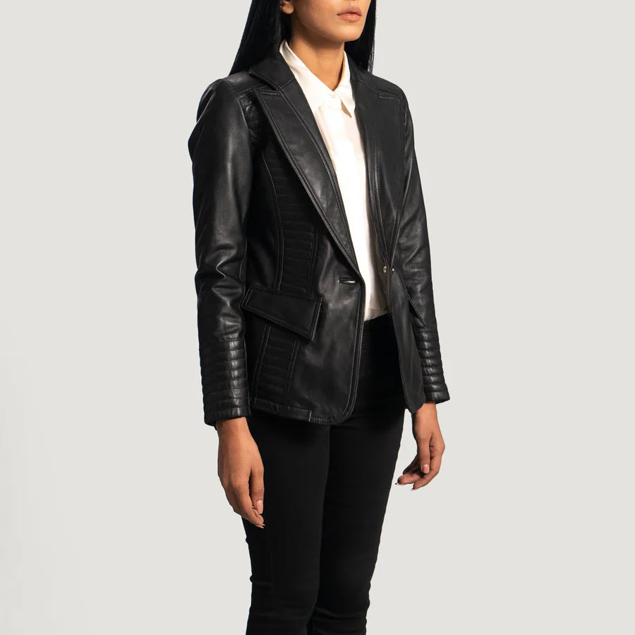 Side profile of women's tailored black leather blazer