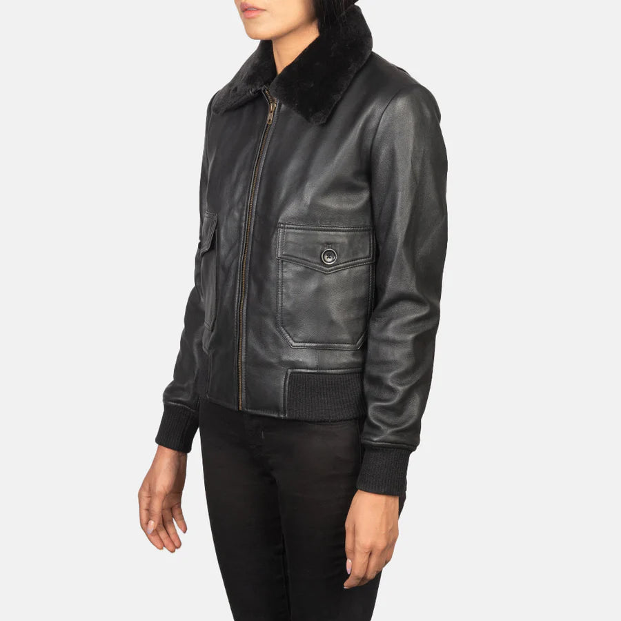 Side profile of women's black genuine leather bomber jacket