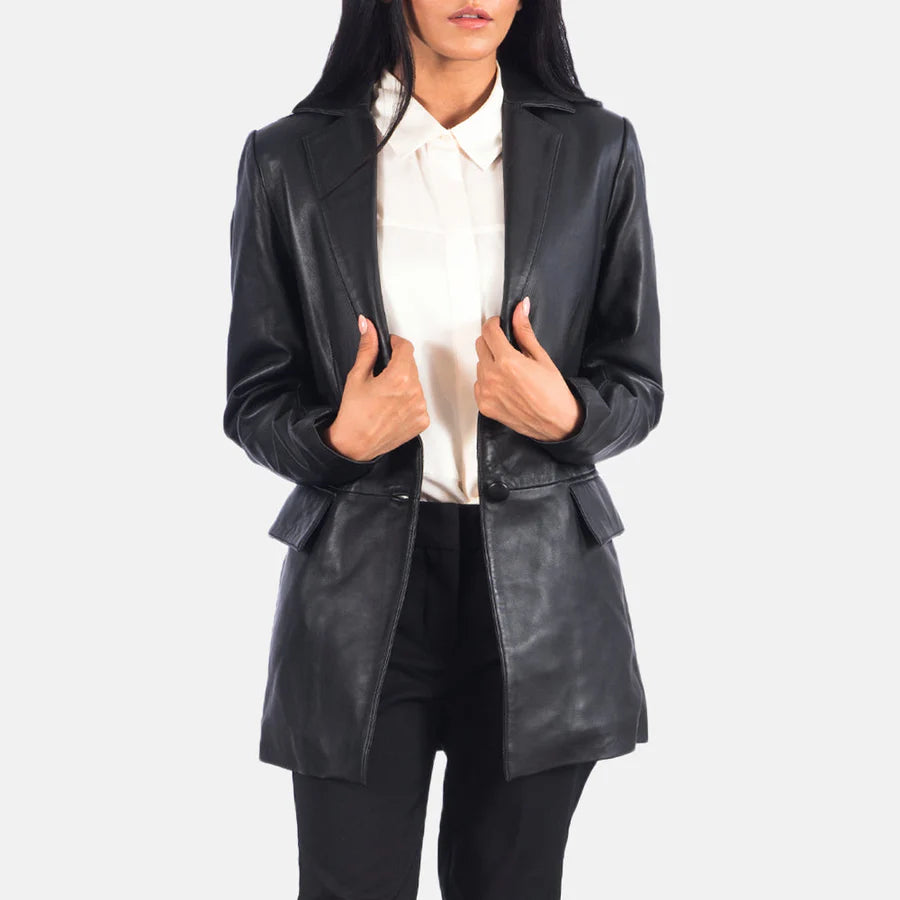 Women's black genuine leather single-button blazer front view by SOVR Leather