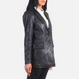 Side profile of women's tailored black leather blazer