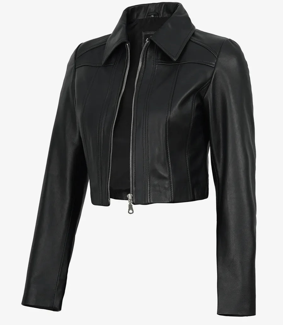 Women's black zip-up cropped lambskin leather jacket front view by SOVR Leather