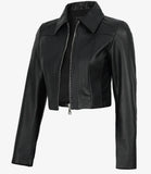 Women's black zip-up cropped lambskin leather jacket front view by SOVR Leather