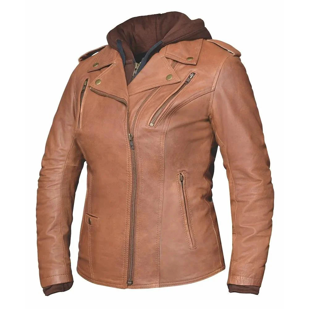 Women's brown genuine leather hooded motorcycle jacket front view by SOVR Leather