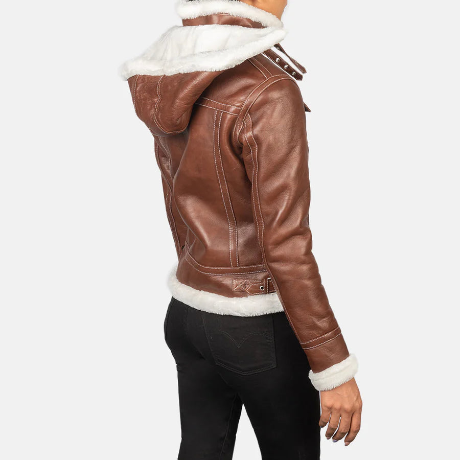 Back view of women's brown hooded shearling leather jacket