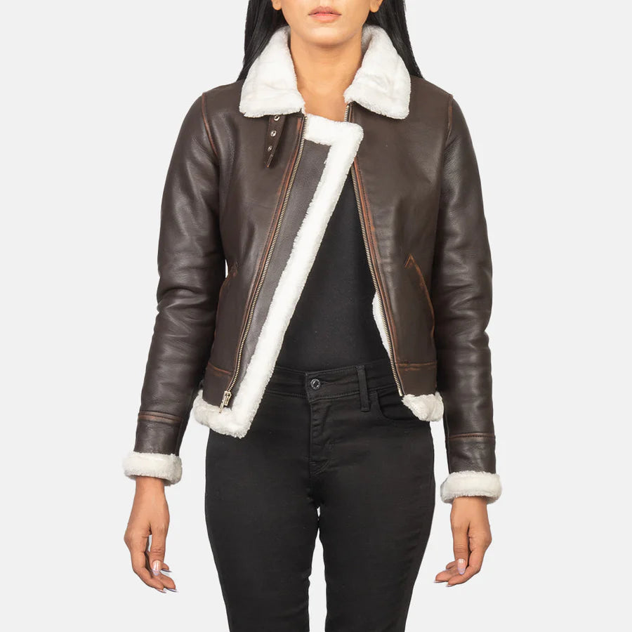 Women's brown genuine leather shearling bomber jacket front view by SOVR Leather