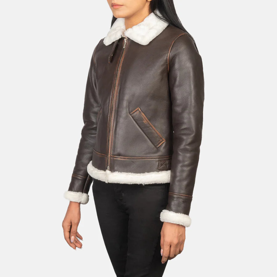Side profile of women's brown genuine leather bomber jacket