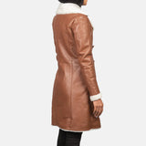 Back view of women's distressed brown shearling leather coat