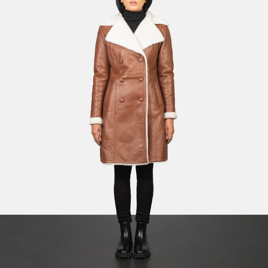 Women's distressed brown genuine leather double breasted shearling coat front view by SOVR Leather