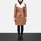 Women's distressed brown genuine leather double breasted shearling coat front view by SOVR Leather