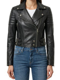 Women's Eclipse black cropped moto lambskin leather jacket front view by SOVR Leather